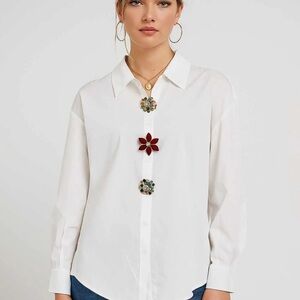 White Button-Down Blouse with Decorative Floral Accents